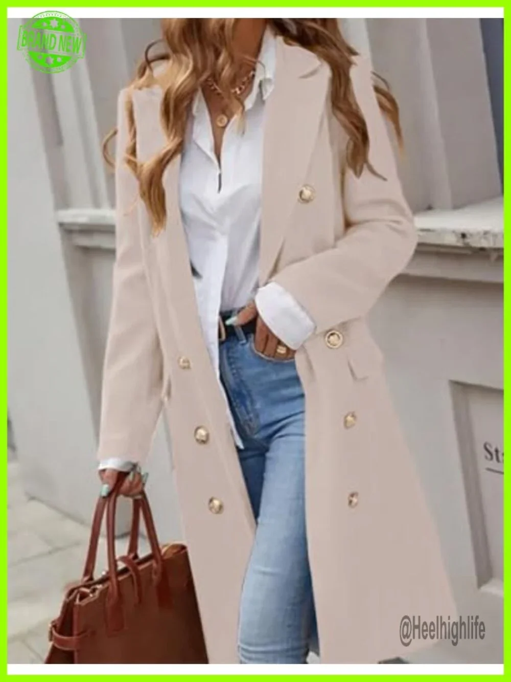 Long Wool Blend Pea Coat Trench Jacket Double Breasted Knee Length Notch Lapel
